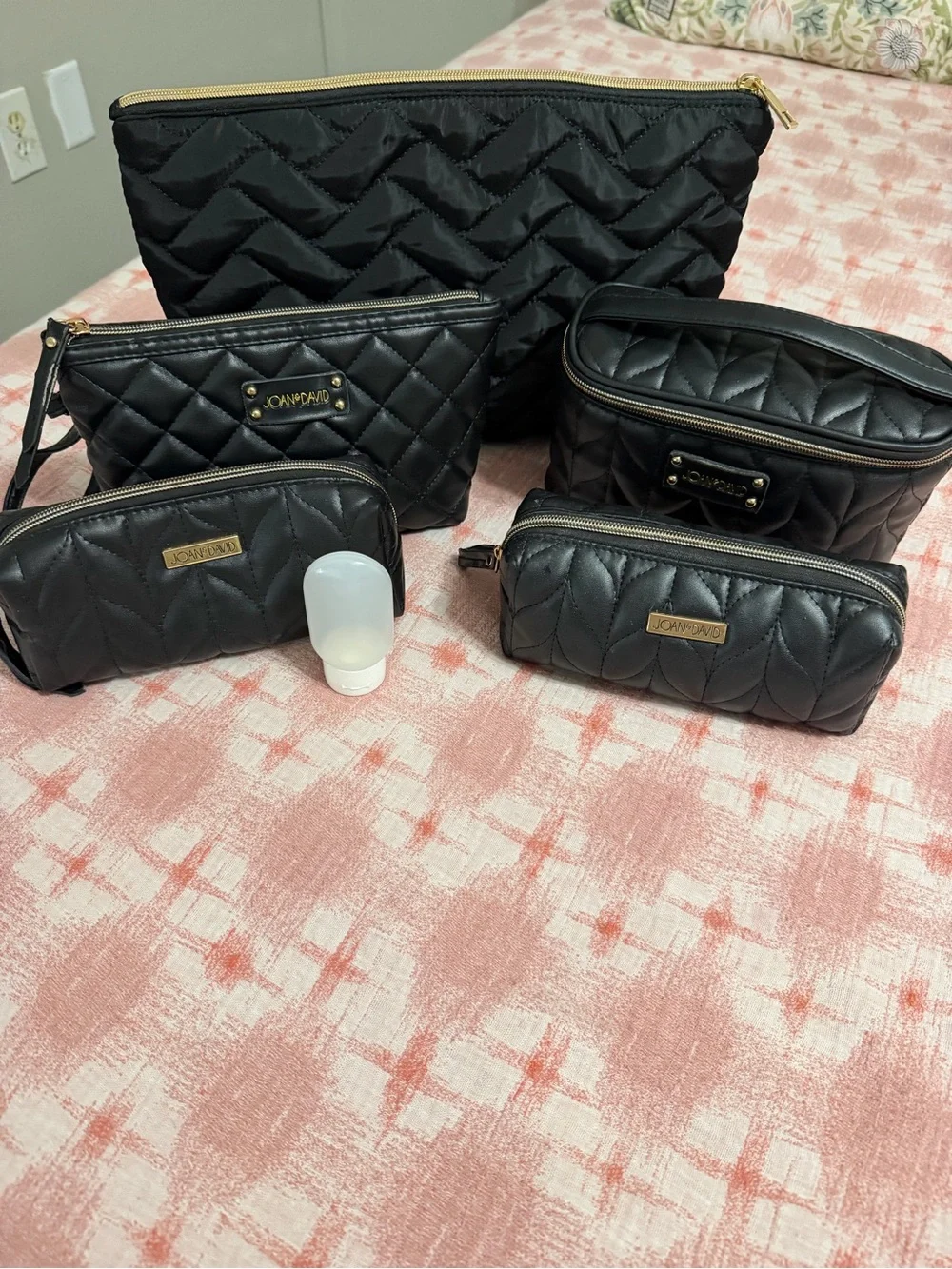 Joan & David Black Quilted Cosmetic Bag Set with Gold Hardware